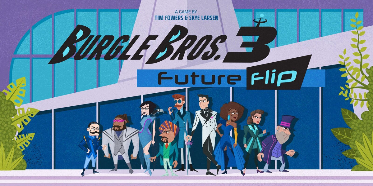 Illustration of 'Bungle Bros. 3: Future Flip' with characters in front of a building.