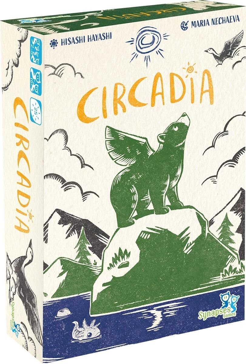 Front and spine views of the board game box 'Circadia' by Hisashi Hayashi and Maria Nechaeva, published by Synapse Games. The box features an illustrated design with a green penguin on a rock, mountains, and a blue sky.