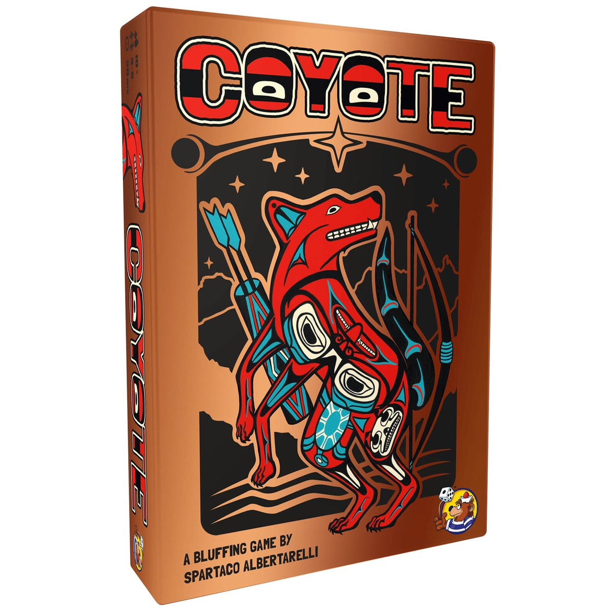 The board game box for 'Coyote' by Spartaco Albertarelli, featuring a stylized red coyote in a traditional totem design against a black background with a warm brown-orange border.