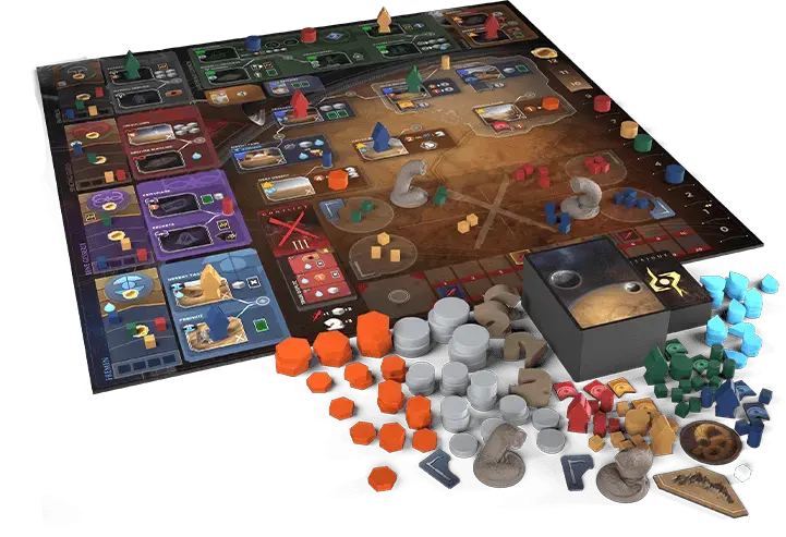 Alt text: Dune: Imperium – Uprising game board, sandworm miniatures and components.