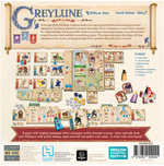 Back cover of the board game Greylune, showing illustrated game components, rules text, player info, and a barcode on a white background.