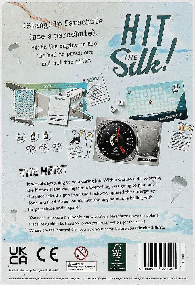 Back of the box for board game Hit The Silk
