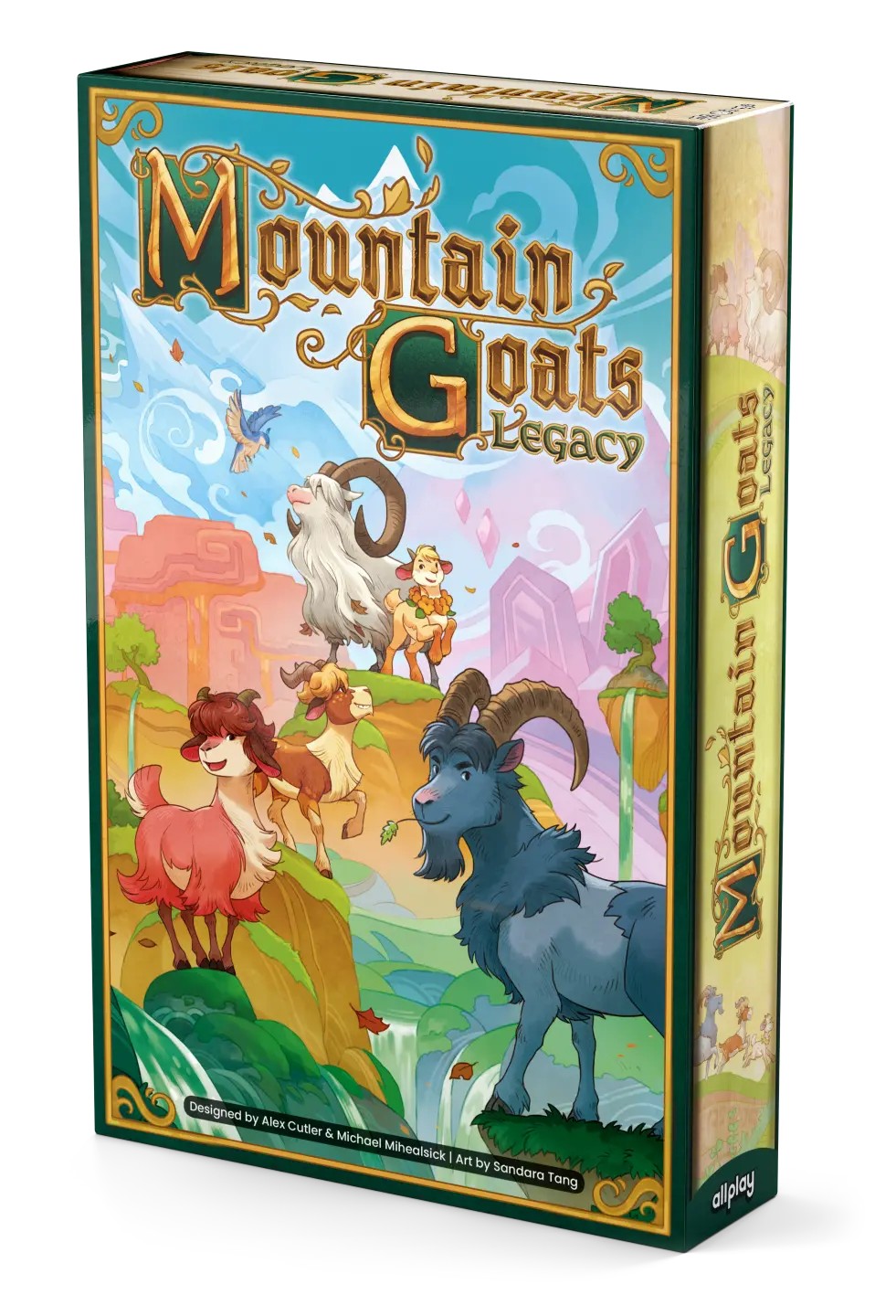 Mountain Goats Legacy board game box shown at a three-quarter angle, featuring colorful illustrated artwork of goats and sheep in a stylized landscape with the game title prominently displayed.