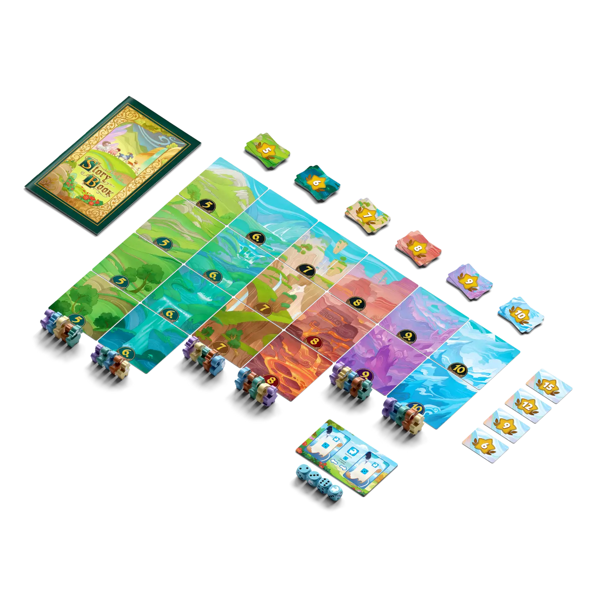 Mountain Goats legacy board game set arranged on a plain white background, including a green game box, colorful landscape tiles, small character pieces, and cards. The box art shows the title 'The Great Wave: Labyrinth'.