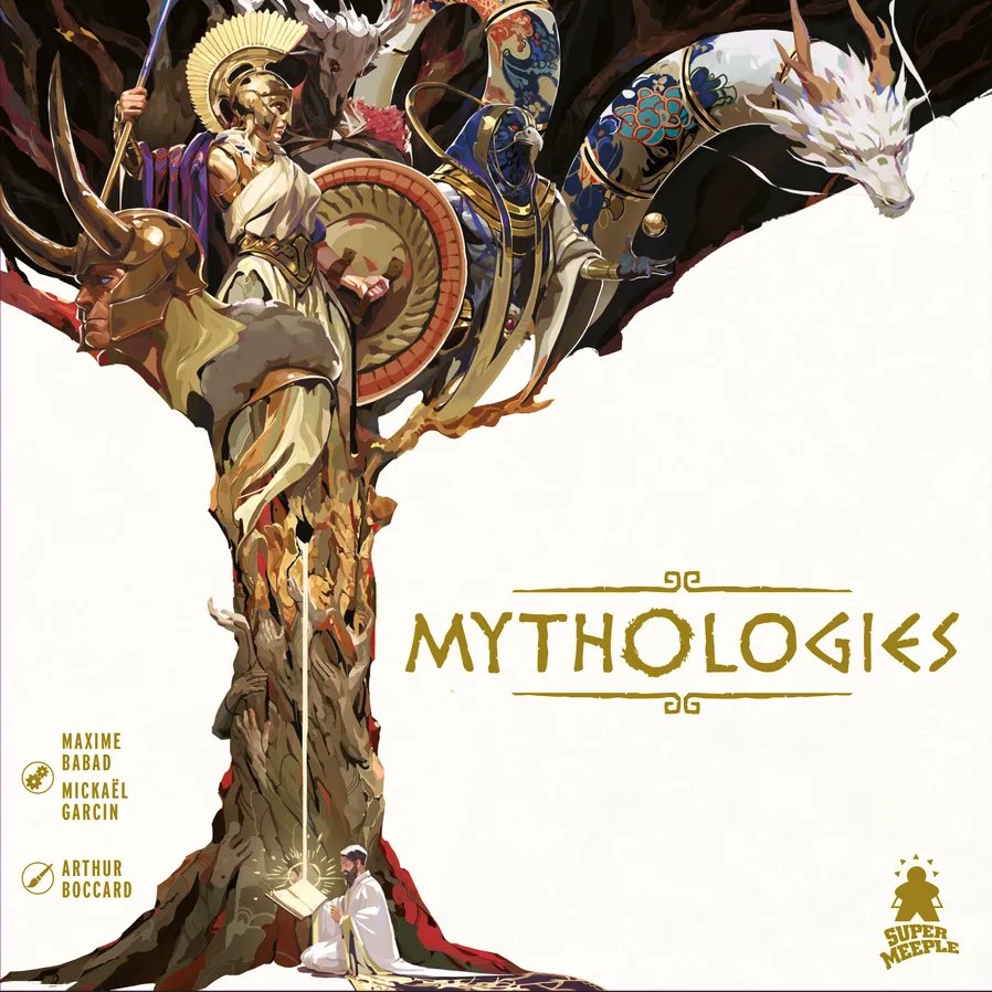 Box art for Mythologies board game featuring several gods from different pantheons including Egyptian and Nordic