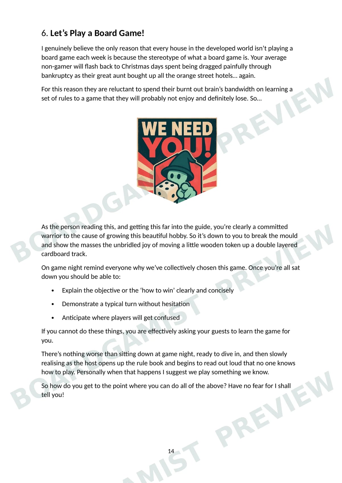 A printed page with English text about a board game guide, featuring a central logo that reads 'WE NEED YOU' above dice and game pieces. The page has a diagonal 'PREVIEW' watermark across it.