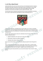 A printed page with English text about a board game guide, featuring a central logo that reads 'WE NEED YOU' above dice and game pieces. The page has a diagonal 'PREVIEW' watermark across it.