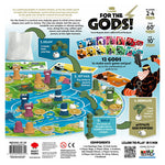 Back of the For The Gods tabletop gaming box, showing the illustrated game board, character cards, action tiles, and component list on a white background.