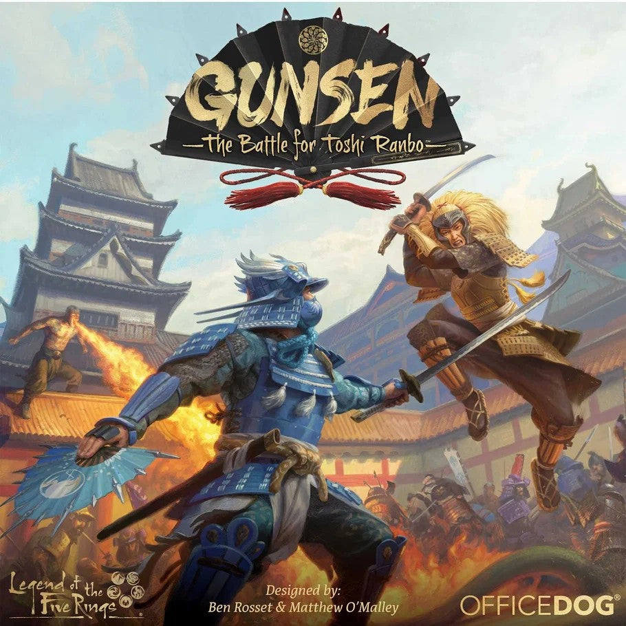 Board game cover titled 'Gunsen: The Battle for Toshi Ranbo' with samurai characters and traditional architecture.