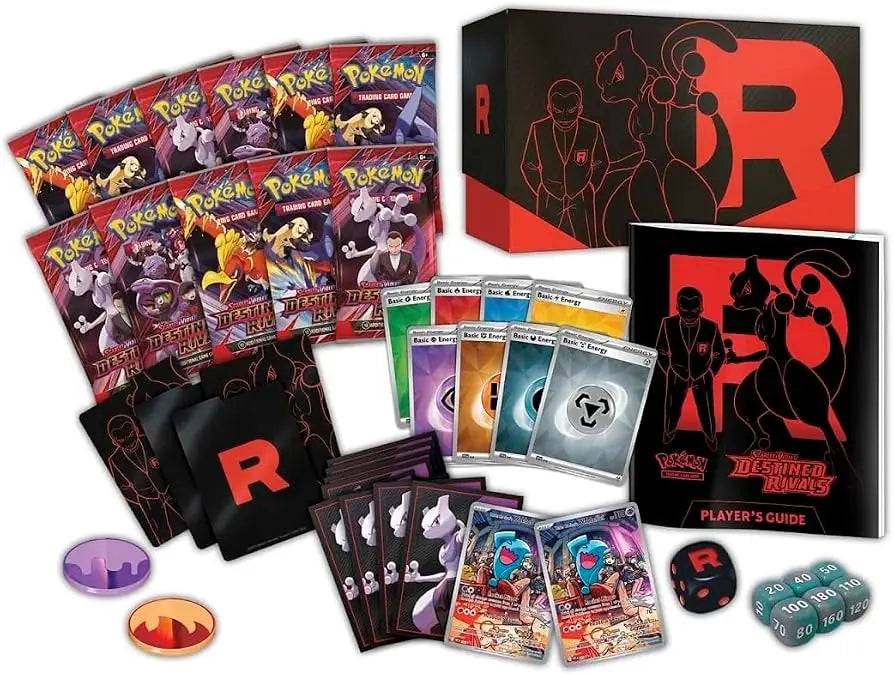 Pokémon TCG Destined Rivals set displayed with multiple booster packs, a black and red box, a player's guide, cards, sleeves, tokens, and dice on a white background.