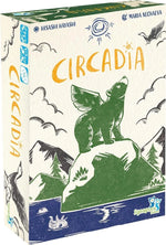 Front and spine views of the board game box 'Circadia' by Hisashi Hayashi and Maria Nechaeva, published by Synapse Games. The box features an illustrated design with a green penguin on a rock, mountains, and a blue sky.