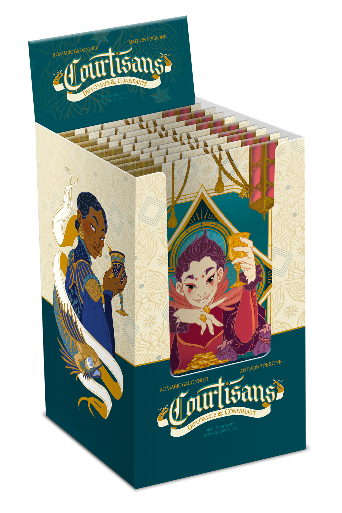 A retail display box filled with individual card packs for the board game expansion Courtisans Diplomats, featuring illustrated characters and a dark teal and cream color scheme.