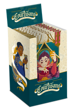 A retail display box filled with individual card packs for the board game expansion Courtisans Diplomats, featuring illustrated characters and a dark teal and cream color scheme.