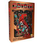 The board game box for 'Coyote' by Spartaco Albertarelli, featuring a stylized red coyote in a traditional totem design against a black background with a warm brown-orange border.