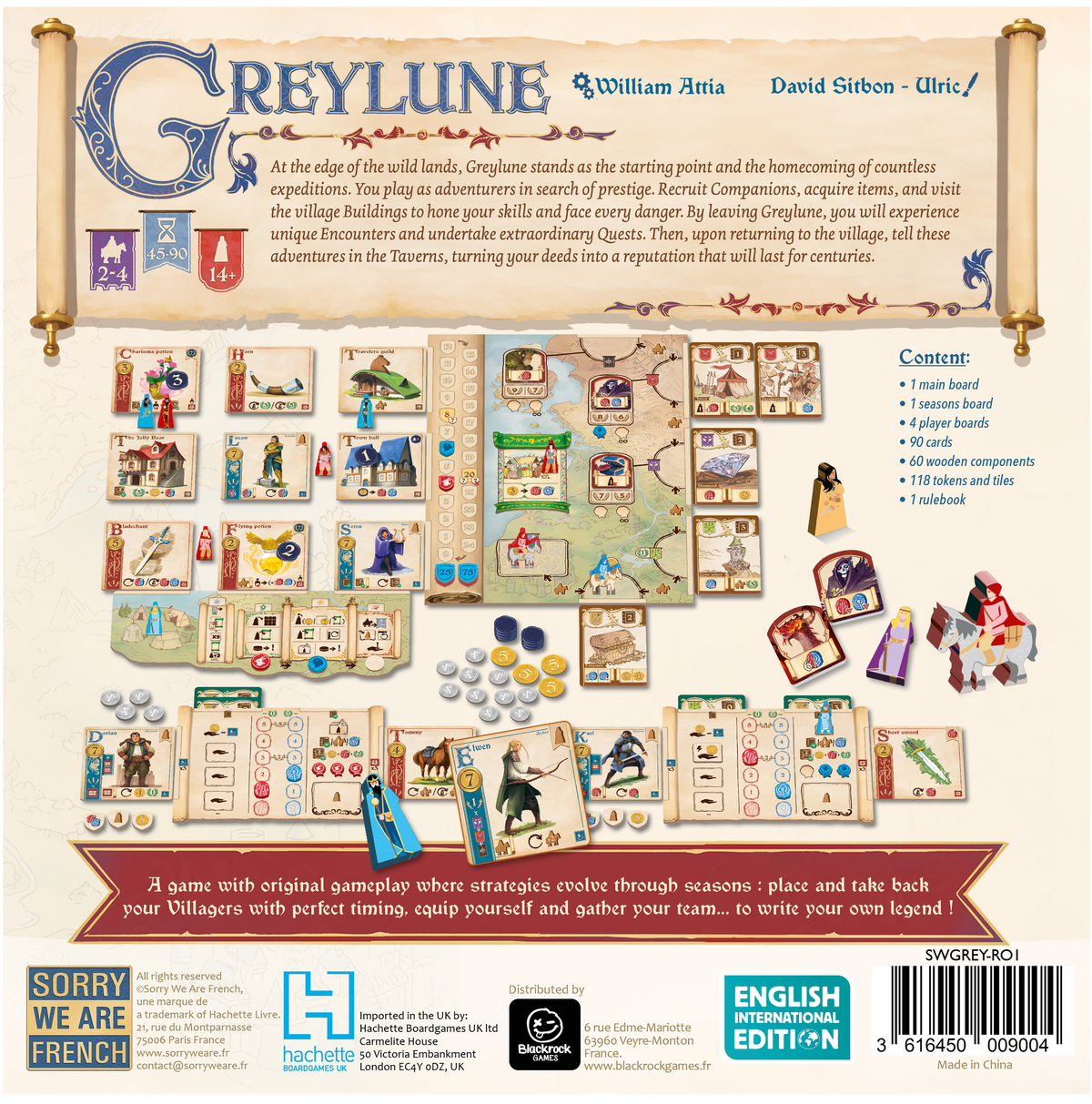 Back cover of the board game Greylune, showing illustrated game components, rules text, player info, and a barcode on a white background.