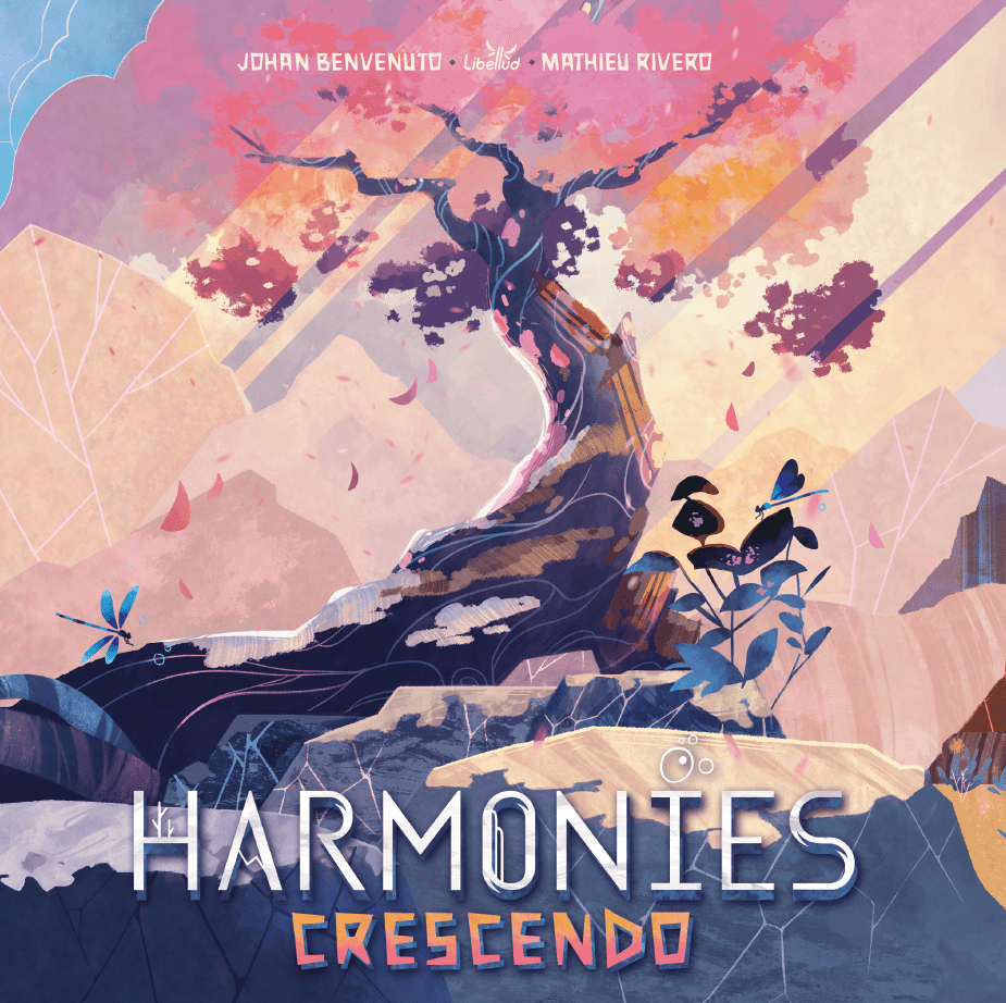 Board game cover art for 'Harmonies: Crescendo' featuring a stylized, colorful illustration of a gnarled tree in a desert landscape under a pink and orange sky, with the title text at the bottom.