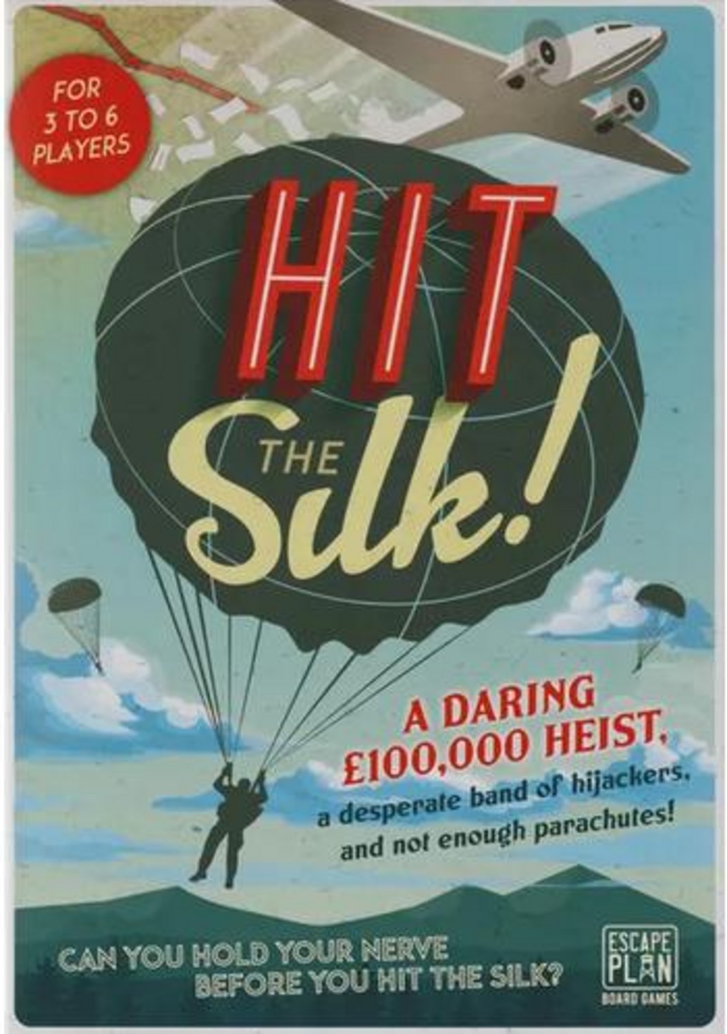 Front cover of the board game 'Hit the Silk!' showing a vintage-style illustration with a large dark green globe, red and cream title text, an airplane, parachutes, and a figure on a parachute. Visible brand text at the bottom reads Escape Plan Board Games.