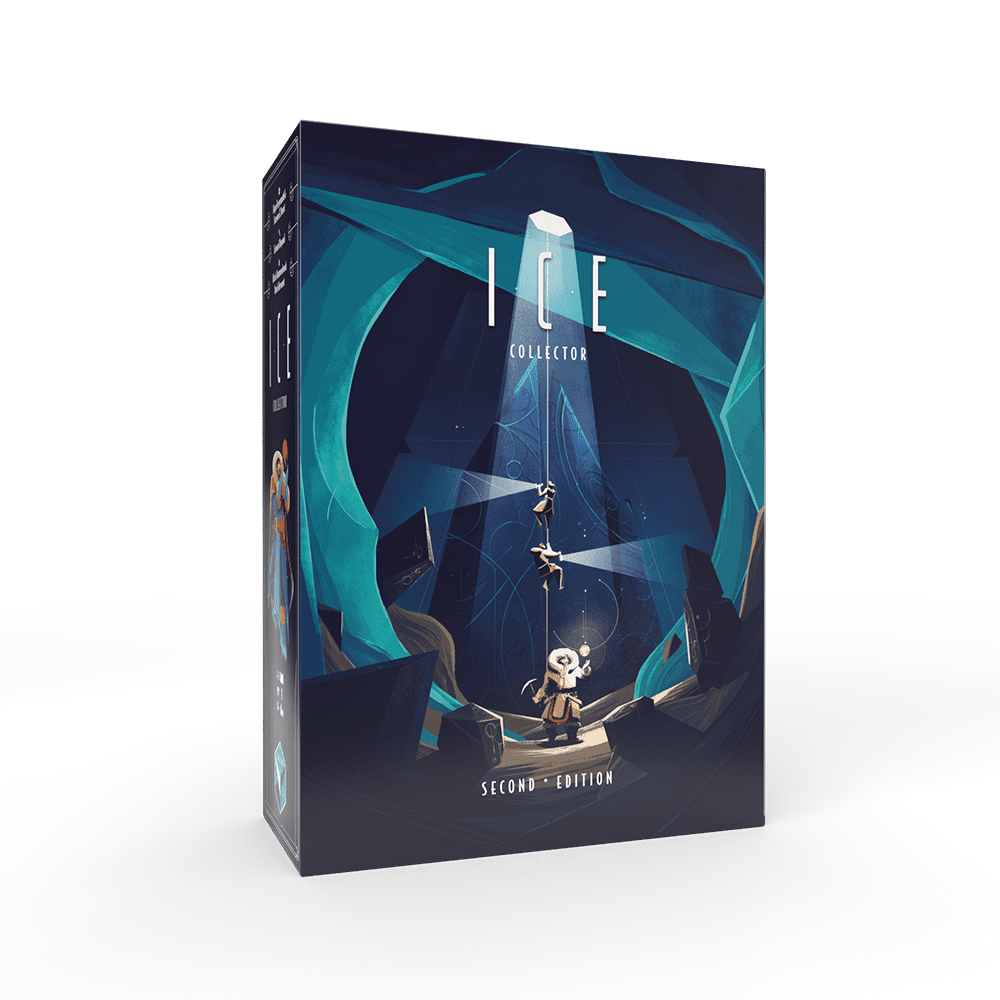 The board game box for 'ICE Collection: Second Edition' is shown at a three-quarter angle against a clean white background. The box features dark blue and teal tones with an illustration of a small character under a spotlight in a cave-like setting.