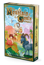 Mountain Goats Legacy board game box shown at a three-quarter angle, featuring colorful illustrated artwork of goats and sheep in a stylized landscape with the game title prominently displayed.