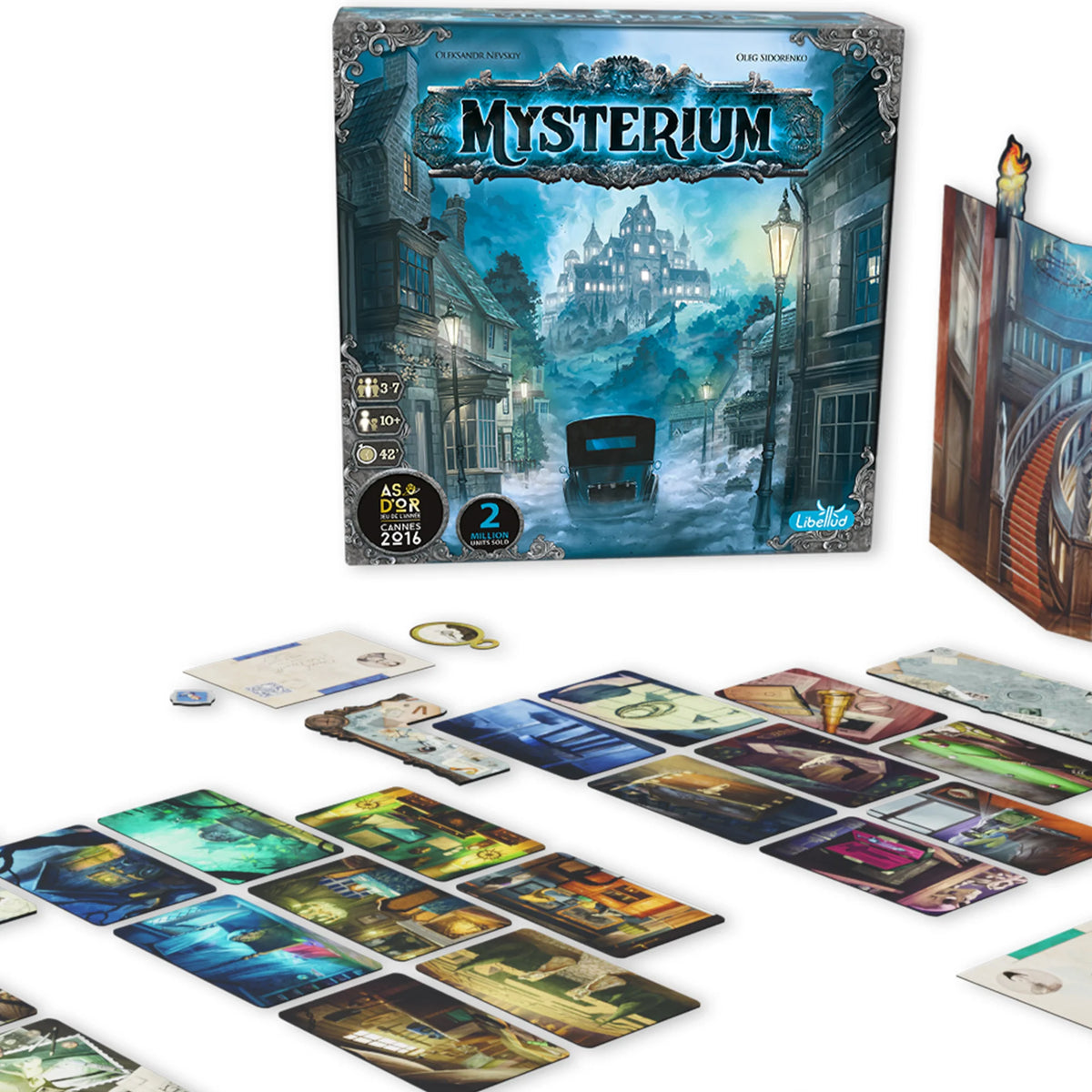 Mysterium refresh board game set up on table with components