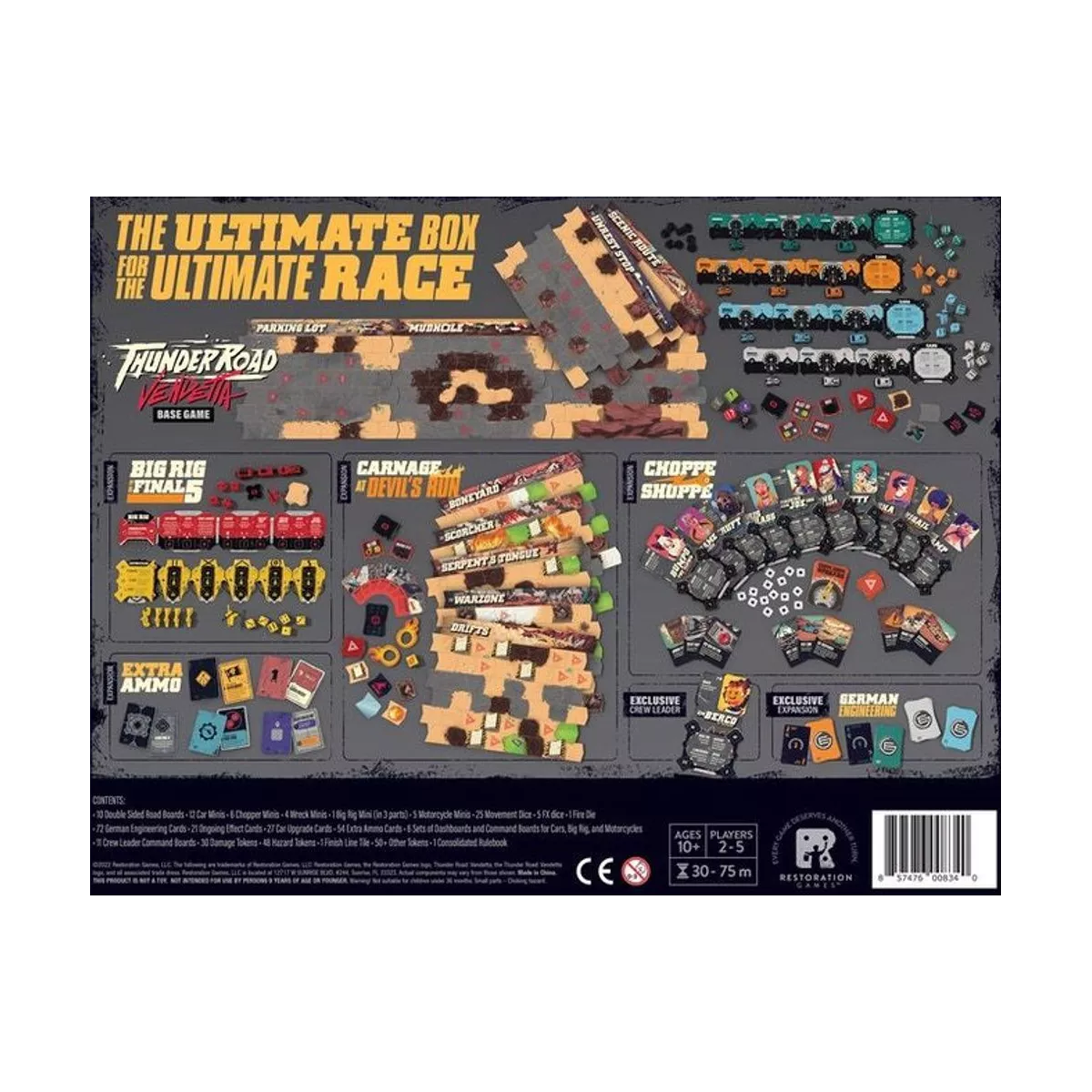 The back of the 'The Ultimate Box for the Ultimate Race' Thunder Road Games board game box, showing the assembled race track layout, various miniature vehicle and character pieces, and product details on a dark gray background.