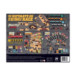 The back of the 'The Ultimate Box for the Ultimate Race' Thunder Road Games board game box, showing the assembled race track layout, various miniature vehicle and character pieces, and product details on a dark gray background.