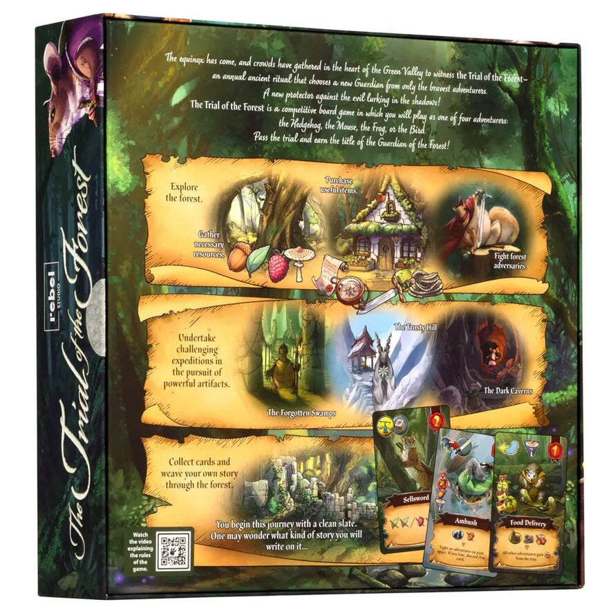 The back of the board game box for The Trial of the Forest, showing fantasy artwork, rules text, and sample cards