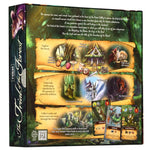 The back of the board game box for The Trial of the Forest, showing fantasy artwork, rules text, and sample cards