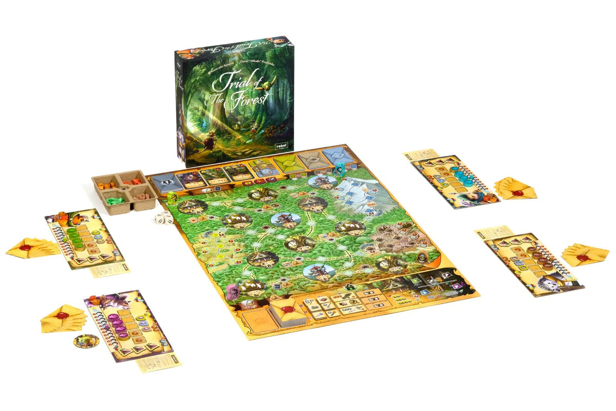 The board game 'Trial of the Forest' displayed with its box, game board, player cards, and tokens on a clean white background.