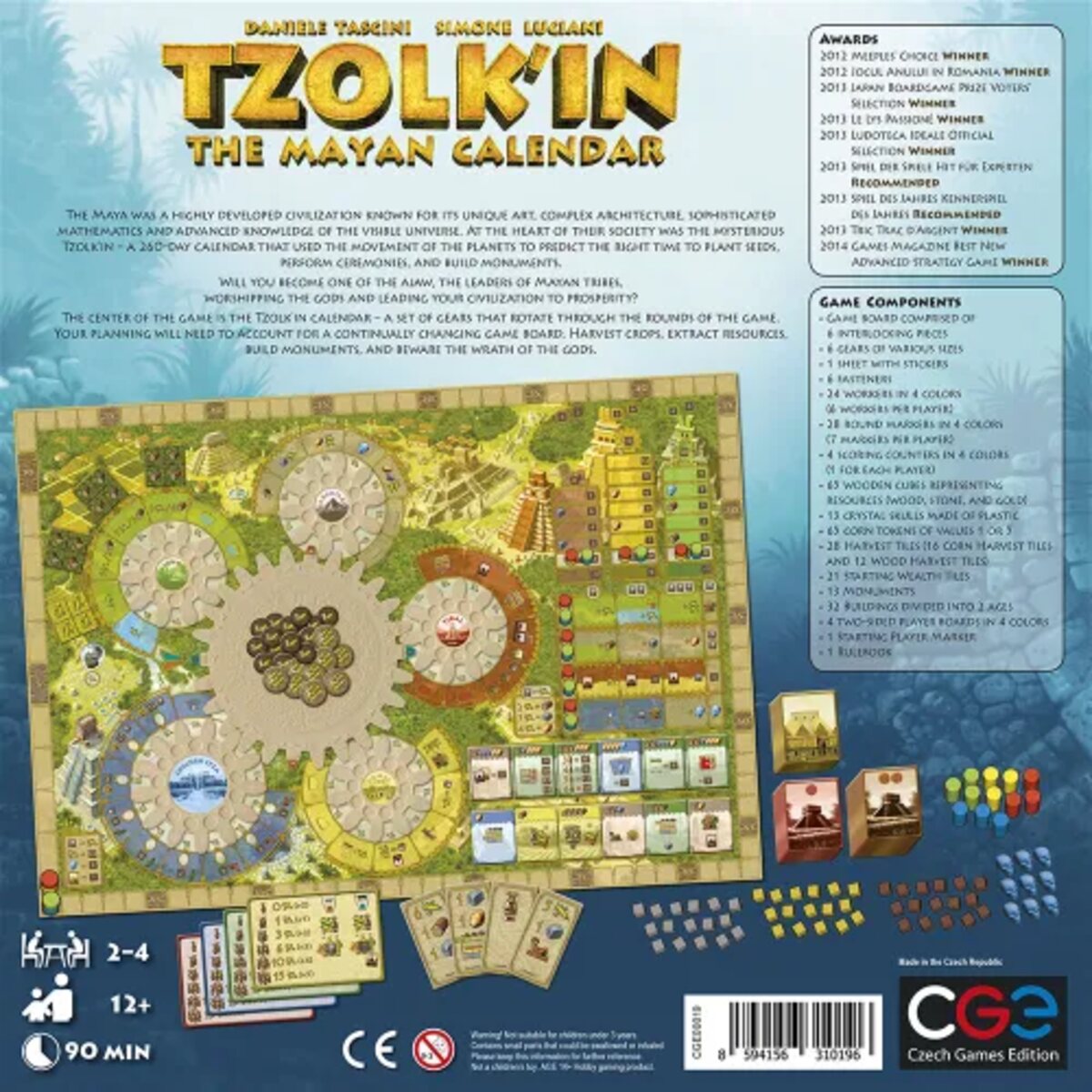 Board game packaging for 'Tzolk'in: The Mayan Calendar' with game components and rules.