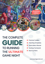 Board game guide titled 'The Complete Guide to Running the Ultimate Game Night' with board game imagery across the top, circular inset photos, and a list of included items such as practical toolkits, teaching templates, a game menu planner, hosting framework, and backup plans.
