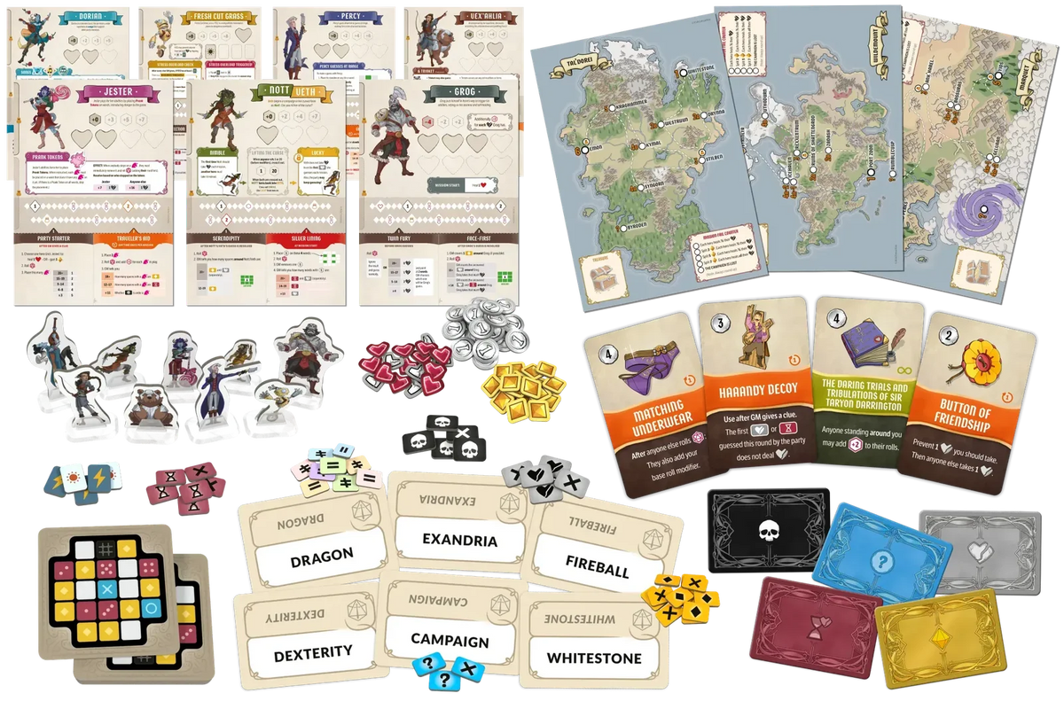 Components displayed for Codenames Critical Role Adventures on a white background, featuring multiple illustrated rulebooks, maps, character cards, tokens, dice, and play money.