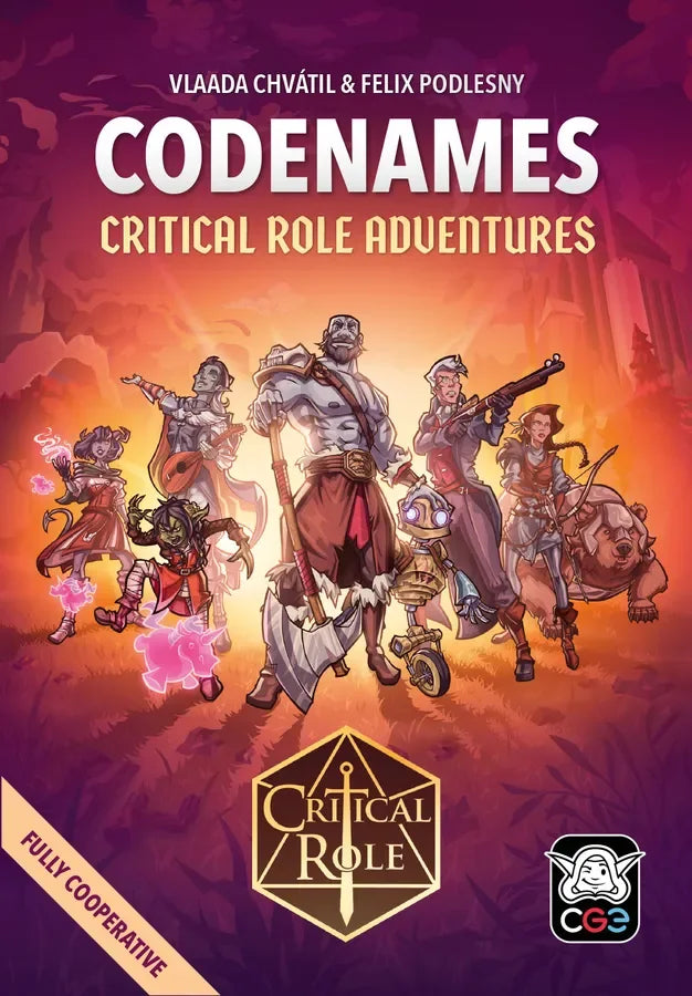 Front cover artwork for the board game Codenames: Critical Role Adventures, featuring illustrated Critical Role characters against a fiery orange and purple background. The title is prominently displayed at the top, with the Critical Role logo near the bottom center and a CCG logo at the bottom right.