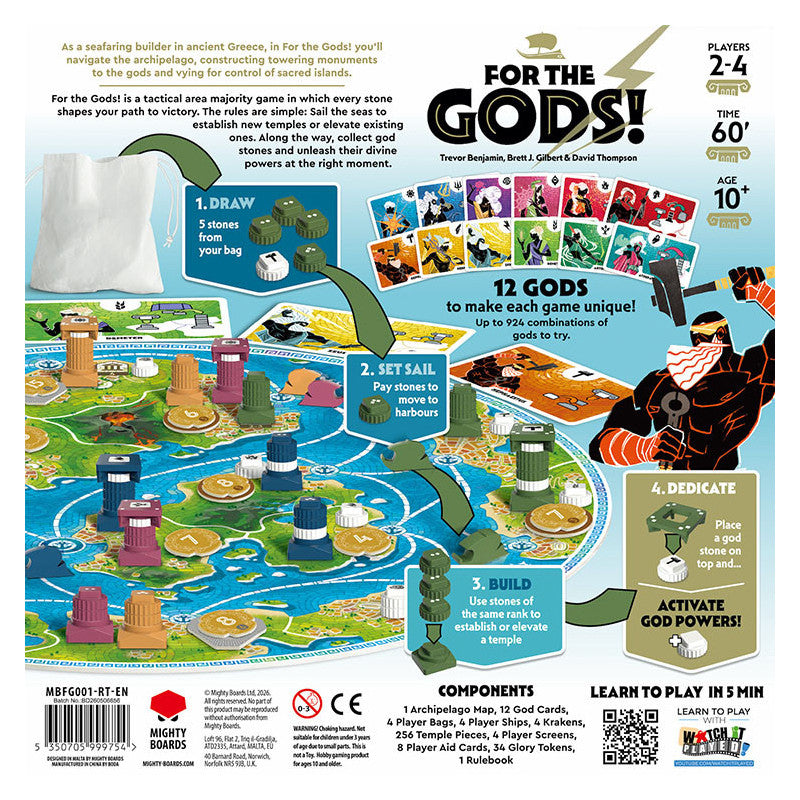 Back of the For The Gods tabletop gaming box, showing the illustrated game board, character cards, action tiles, and component list on a white background.