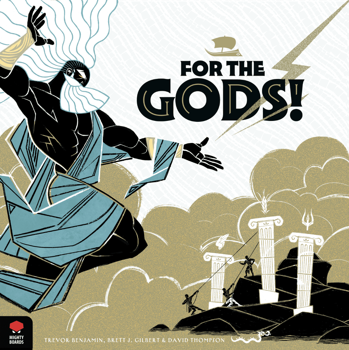 Illustrated board game for 'For the Gods!' with a character in a blue robe and columns in the background.