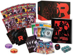 Pokémon TCG Destined Rivals set displayed with multiple booster packs, a black and red box, a player's guide, cards, sleeves, tokens, and dice on a white background.