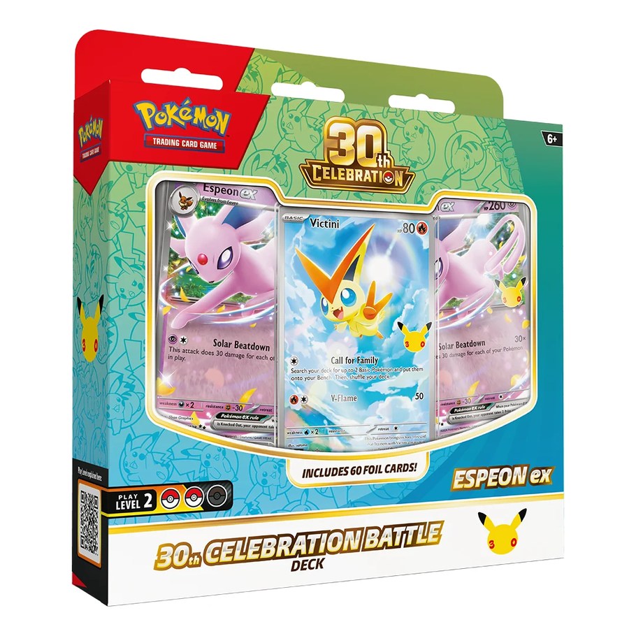 Pokémon trading card game packaging with Espeon ex card on a white background