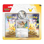 Pokémon Trading Card Game 30th Celebration blister pack containing two booster packs and a Eevee card, shown in its original retail packaging.