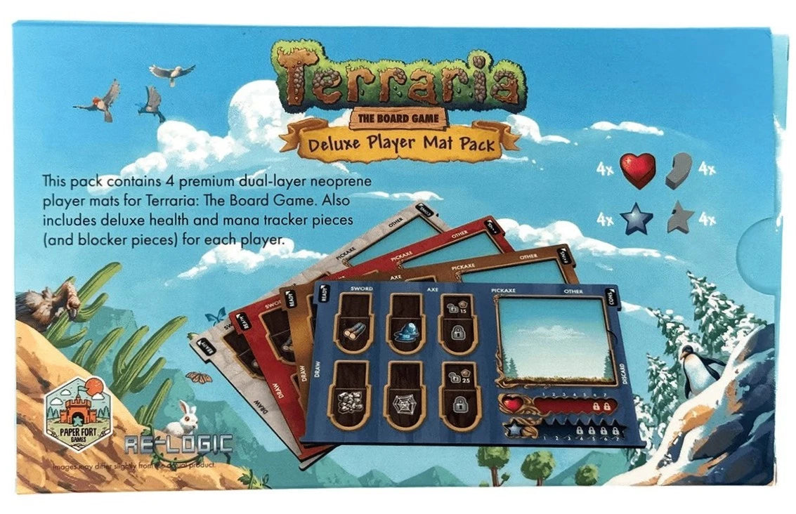 Terraria Deluxe Player Mat Pack by Re-Logic, featuring a blue illustrated box with desert, snowy, and jungle scenes, plus several sample player mats fanned out in front showing game trackers and a map.